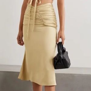 Orseund Iris Romantique Ruched Satin Skirt in gold camel